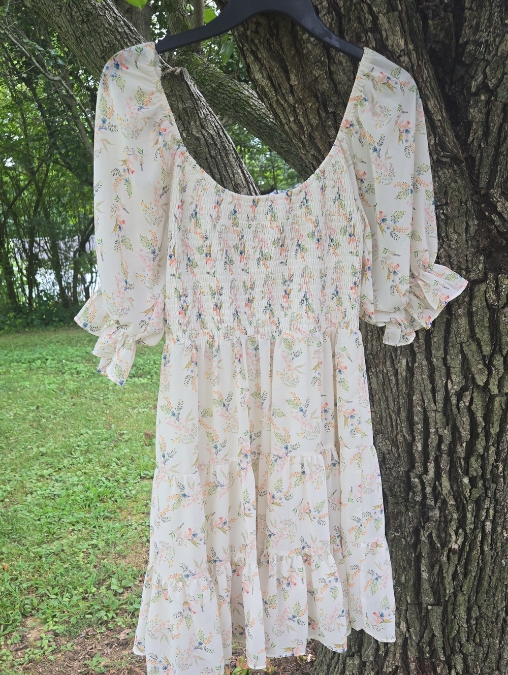 Flying Tomato Cream Floral Smocked Tiered Dress- Medium